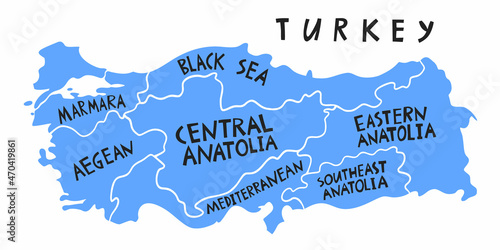 Vector hand drawn stylized map of Turkey provinces. Turkey Republic travel illustration. Geography illustration. Mediterranean map element