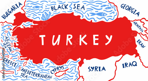 Vector hand drawn stylized map of Turkey with neighboring countries. Turkey Republic travel illustration. Geography illustration. Mediterranean map element