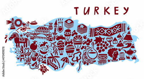 Vector hand drawn stylized map of Turkey landmarks. Turkey Republic travel illustration. Geography illustration. Mediterranean map element