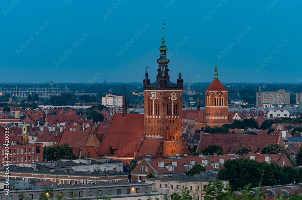 Obraz premium Gdansk, Poland, evening view of the historical city center with St Catherine and St John churches