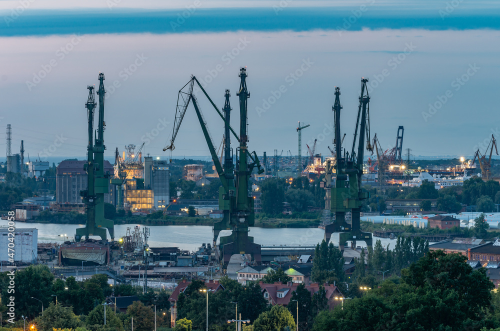Gdansk, Poland, industrial district including Gdansk Shipyard, large shipbuilding cranes