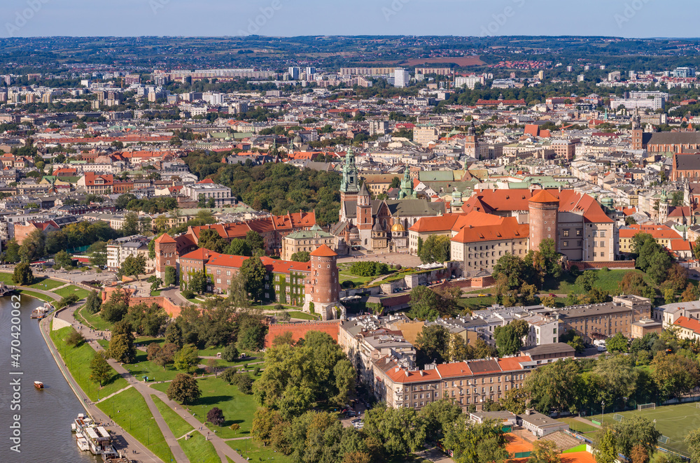 Krakow, Poland, aerial view of the Wawel Castle and Old City
