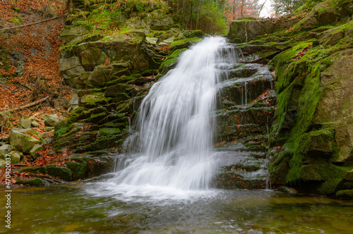 Waterfall in Obidza  late autumn  Beskid Sadecki mountain range in Carpathian Mountains  Poland