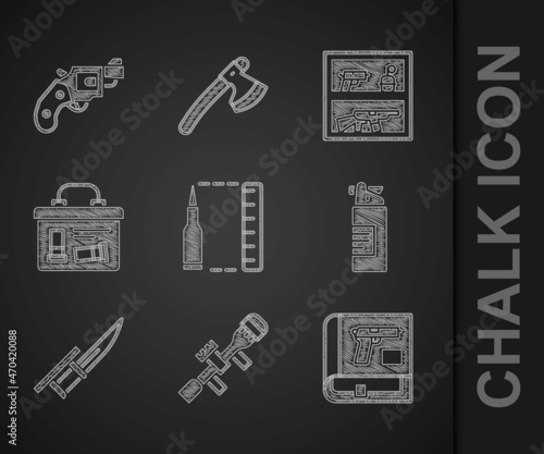 Set Bullet, Sniper optical sight, Book with pistol or gun, Weapons oil bottle, Bayonet rifle, Military ammunition box, Hunting shop weapon and Small revolver icon. Vector