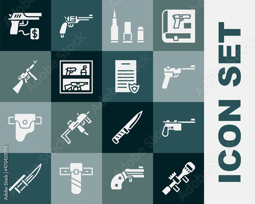 Set Sniper optical sight, Mauser gun, Bullet, Hunting shop weapon, Tommy, Buying pistol and Firearms license certificate icon. Vector