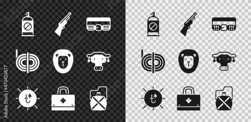 Set Spray against insects, Hunting gun, cartridge belt, Sun, First aid kit, Canteen water bottle, Climber rope and Wild lion icon. Vector