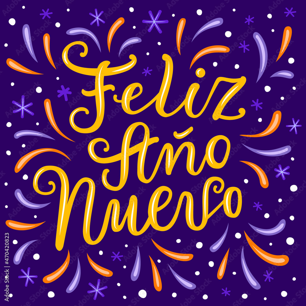 Happy New Year hand drawn lettering phrase in Spanish language on the dark violet ornate background with falling snow and snowflakes. Greeting card design EPS 10 vector illustration Happy New Year hand drawn lettering phrase in Spanish language on the dark violet ornate background with falling snow and snowflakes. Greeting card design EPS 10 vector illustration
