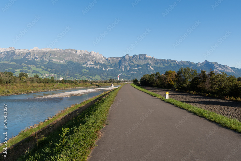 Schaan, Liechtenstein, September 25, 2021 Rhine river in the morning time