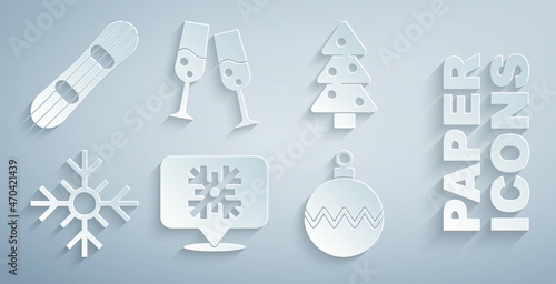 Set Snowflake speech bubble, Christmas tree, ball, Glass of champagne and Snowboard icon. Vector