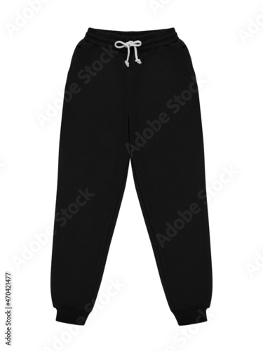Black jogger pants mockup. Template Sports trousers front view for design. Fitness wear isolated on white