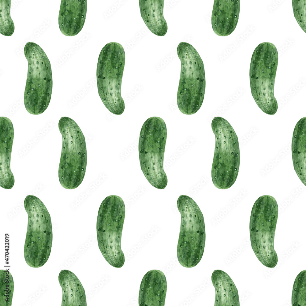 Watercolor seamless background with cucumber on a white background. Menu design, textile design, printing. Watercolor seamless background with cucumber on a white background. Menu design, textile design, printing.