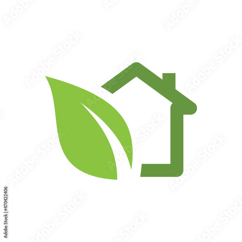 Green house with leaves vector logo icon. Eco friendly home symbol.