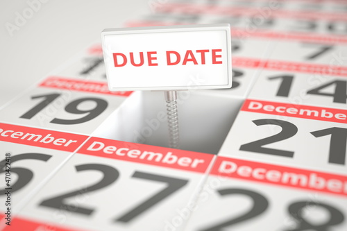 DUE DATE sign on December 20 in a calendar, 3d rendering