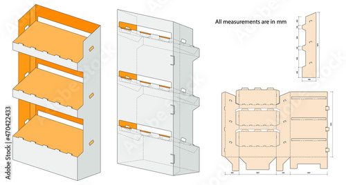 Supermarket Shelves.Modules made from Corrugated Cardboard. Box for Standard Display of Media. Simple Plug-in System.  Three-Dimensional Laser Cutting Template. Product Advertising. 