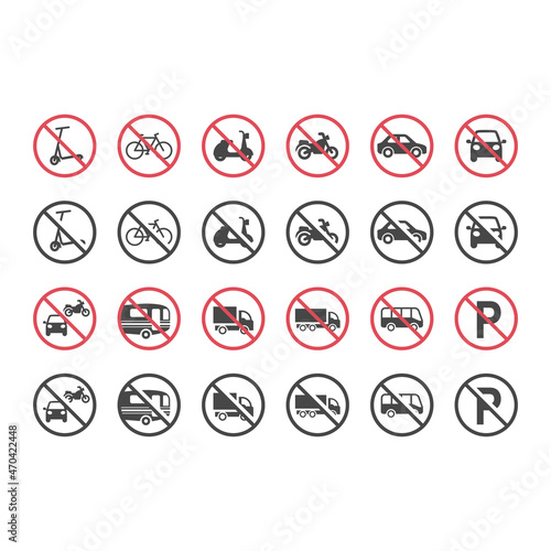 Red prohibition motor vehicles sign set. No cars, bus, motorcycles icon set.