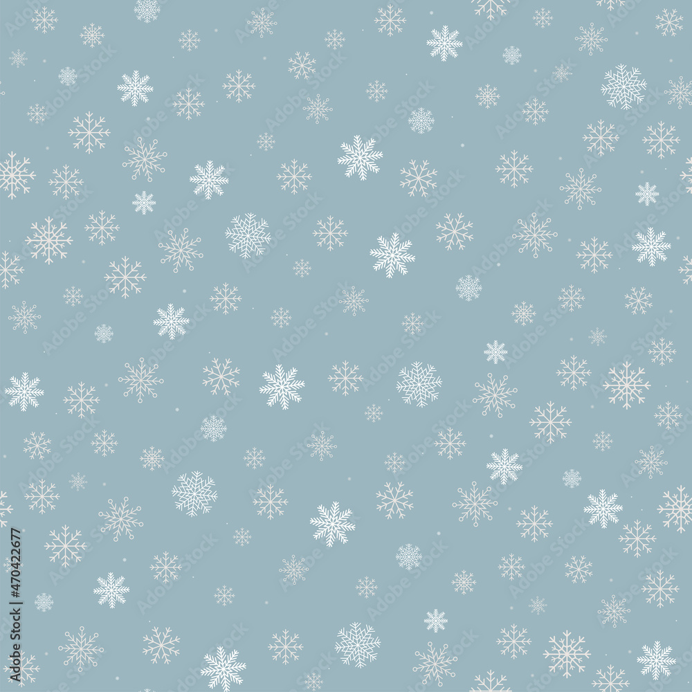 Winter blue background with snowflakes seamless pattern. White snowflakes on blue background. Vector snowflakes scattered pattern.