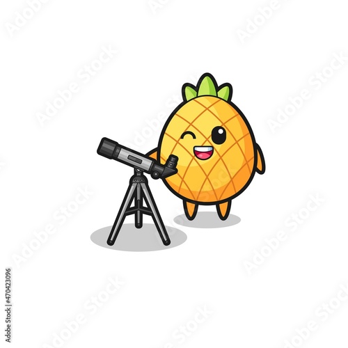 pineapple astronomer mascot with a modern telescope