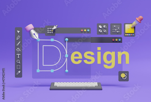 Graphic designer creative creator design logo artwork curve pen tool illustration equipment icons digital computer display workspace. Graphic design software. 3d rendering. photo