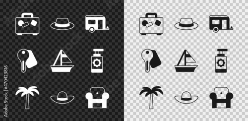 Set Suitcase, Man hat with ribbon, Rv Camping trailer, Tropical palm tree, Elegant women, Armchair, Hotel door lock key and Yacht sailboat icon. Vector