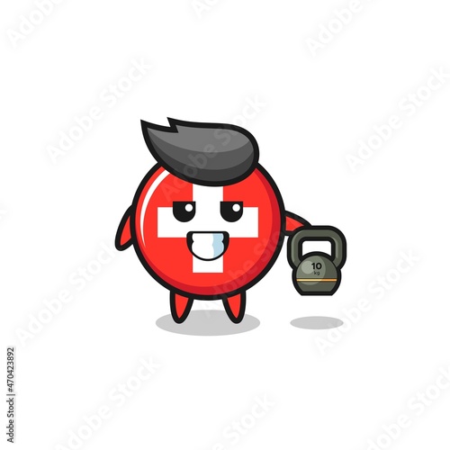 switzerland mascot lifting kettlebell in the gym