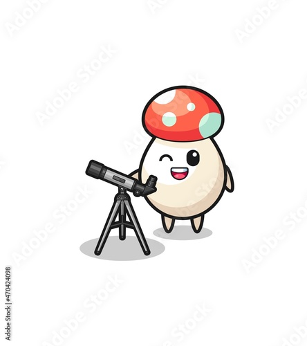 mushroom astronomer mascot with a modern telescope