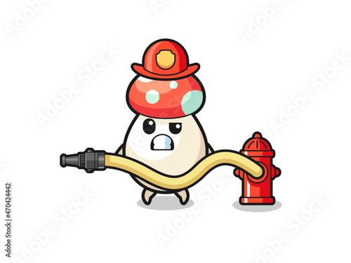 mushroom cartoon as firefighter mascot with water hose