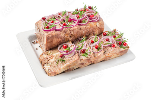 Photography Sliced ham hock jelly terrine with cranberry, rosemary and onion in a plate isol