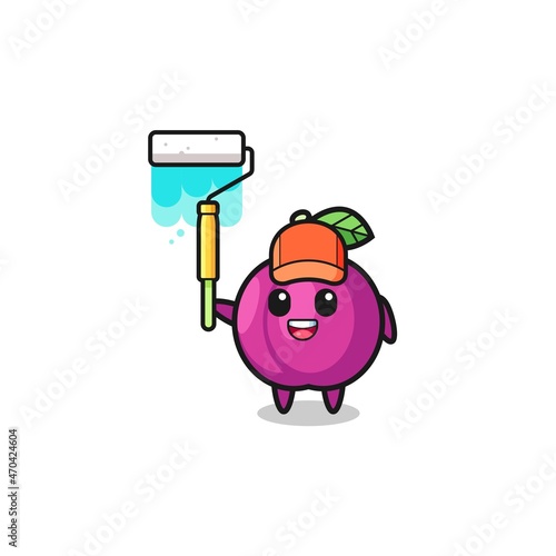 the plum fruit painter mascot with a paint roller