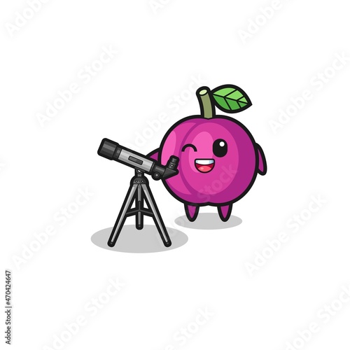 plum fruit astronomer mascot with a modern telescope