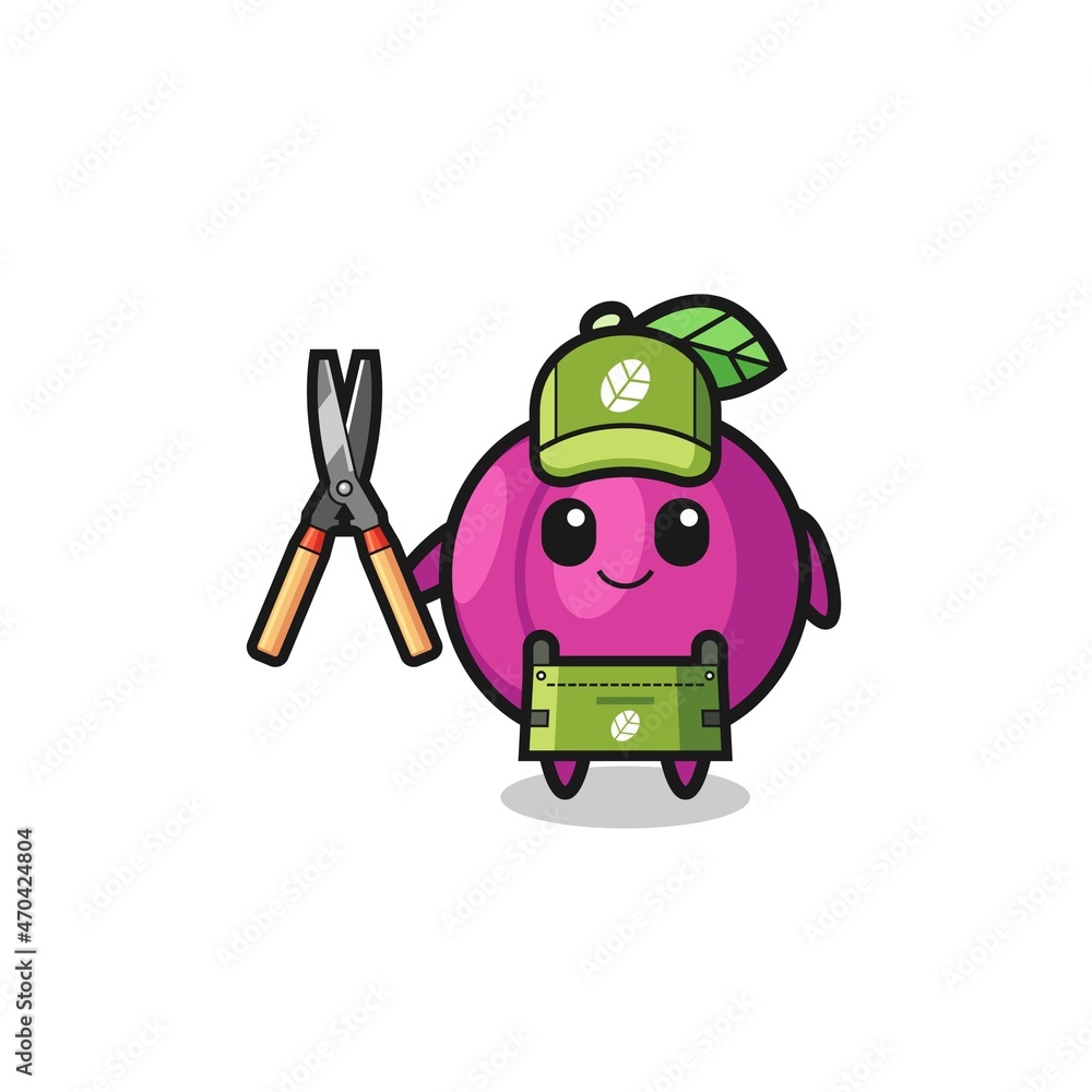 cute plum fruit as gardener mascot