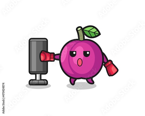 plum fruit boxer cartoon doing training with punching bag