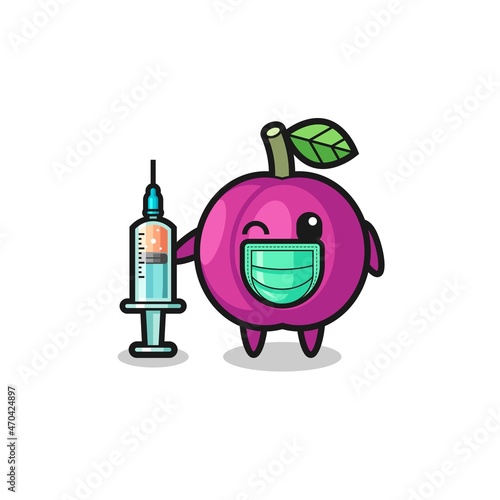 plum fruit mascot as vaccinator