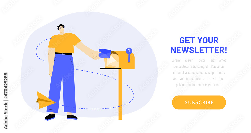 Newsletter subscription banner. Vector illustration for online marketing and business. Man with envelope in a hand near the mailbox. Template for mailing and newsletter.