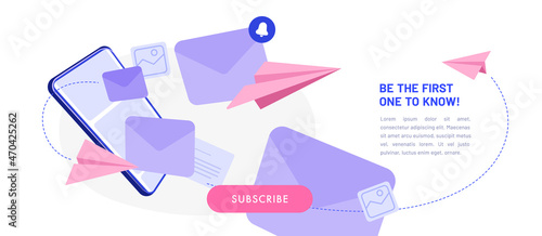 Newsletter subscription banner. Vector illustration for online marketing and business. Smartphone with flying envelopes and paper planes. Template for mailing and newsletter. photo