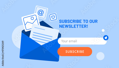 Newsletter subscription banner. Vector illustration for online marketing and business. Open envelope with different documents and photos flying out. Template for mailing and newsletter. photo