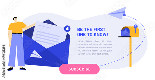 Newsletter subscription banner. Vector illustration for online marketing and business. Man with big envelope near the mailbox and flying paper planes. Template for mailing and newsletter.