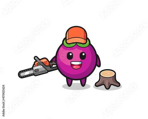 mangosteen lumberjack character holding a chainsaw