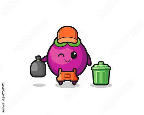 the mascot of cute mangosteen as garbage collector