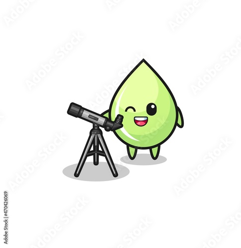 melon juice drop astronomer mascot with a modern telescope