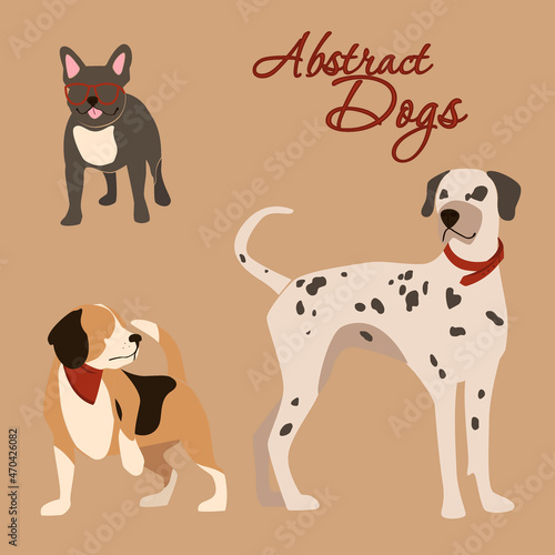 Set_of_abstract_dogs_in_minimalistic_style.Beagle, dalmatian, french bulldog. Vector Illustration.