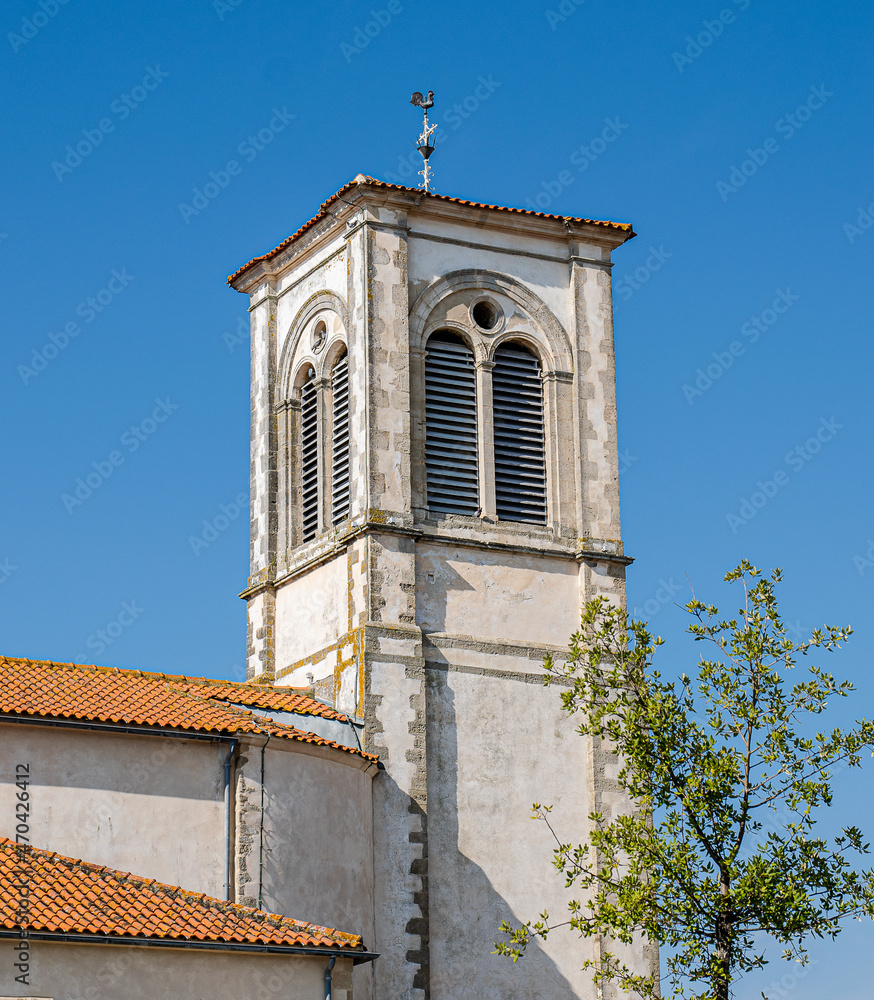 Brétignolles sur mer,France;June 28, 2021:Bell tower of the Notre Dame de l'Assomption church in Vendée.