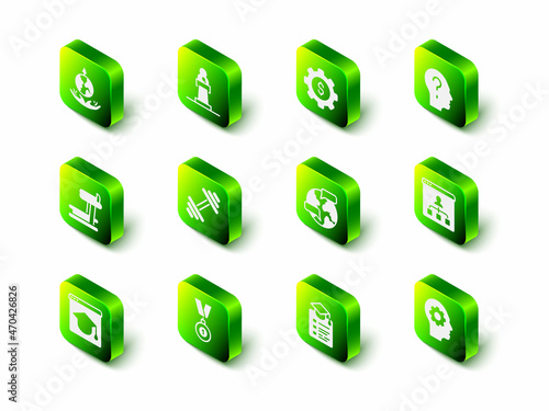 Set Speaker, Gear with dollar, Head question mark, Online education, Human head gear inside, Worldwide, and Medal icon. Vector