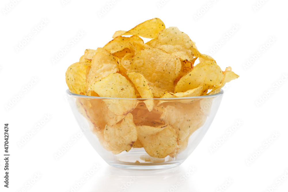 Potato chips in glass cup Potato chips in glass cup