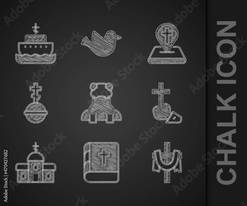 Set Priest, Holy bible book, Christian cross, Church building, Location church and Ark of noah icon. Vector