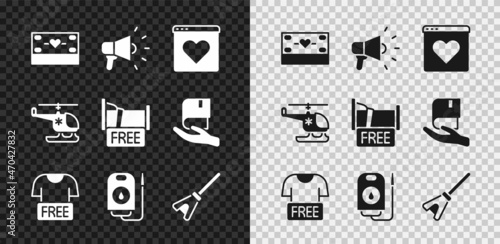 Set Donation and charity, Megaphone, Dating app online, Clothes donation, Blood, Mop, Rescue helicopter and Free overnight stay house icon. Vector