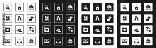 Set Envelope with Valentine heart, Emergency medical tent, Blood donation, Volunteer team planting trees, Heart dog, Donation and charity and Dating app online icon. Vector