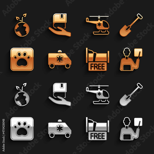 Set Emergency car, Shovel, Teacher, Free overnight stay house, Paw print, Rescue helicopter, Volunteer team planting trees and Book donation icon. Vector
