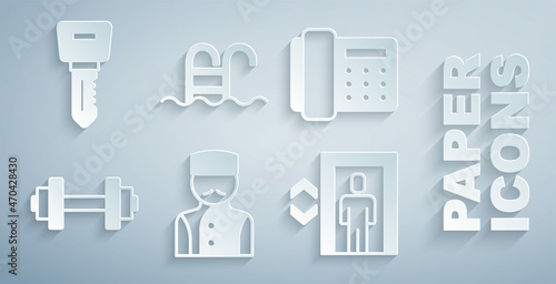 Set Concierge, Telephone handset, Dumbbell, Lift, Swimming pool and Hotel door lock key icon. Vector