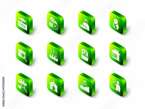 Set No money, Feeding the homeless, Shelter for, House with dollar, Garbage bag, Sleeping, Growth of and Church building icon. Vector