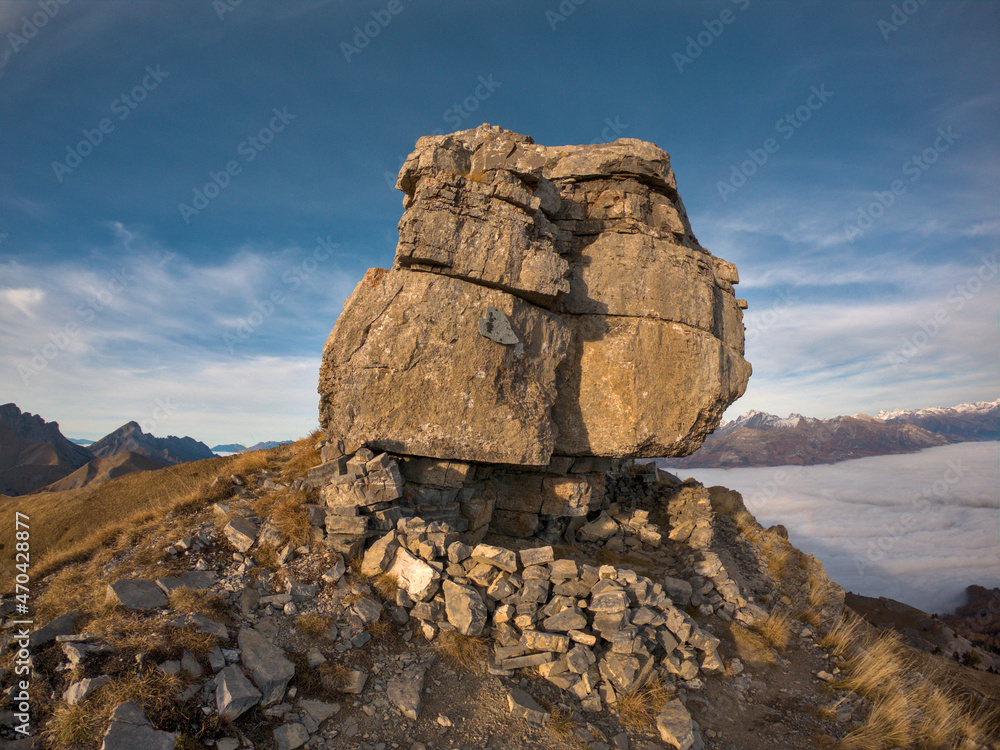 human made sleeping place in mountain shot during a hike in peak of Gleize, Champsaur, french alps